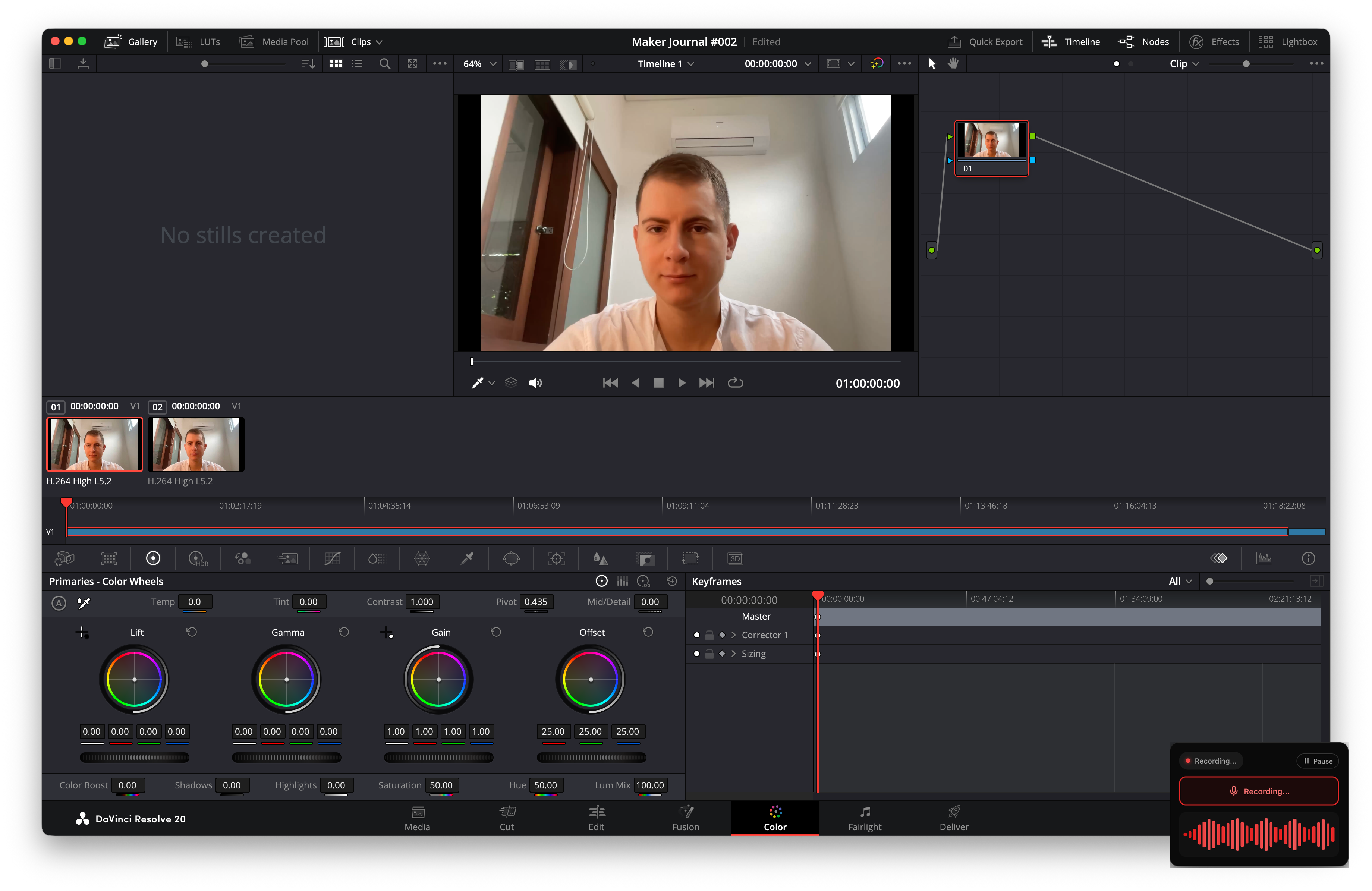 DaVinci Resolve Color page showing the node graph, color wheels, and clip filmstrip with footage loaded