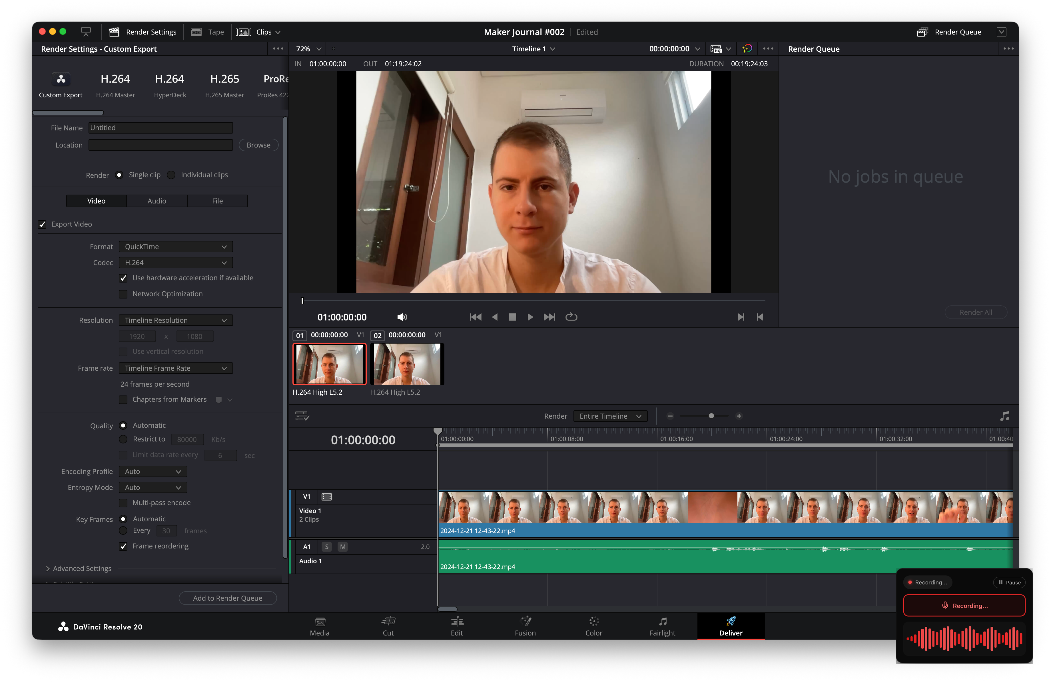 DaVinci Resolve Deliver page showing render settings, H.264 codec options, and the render queue
