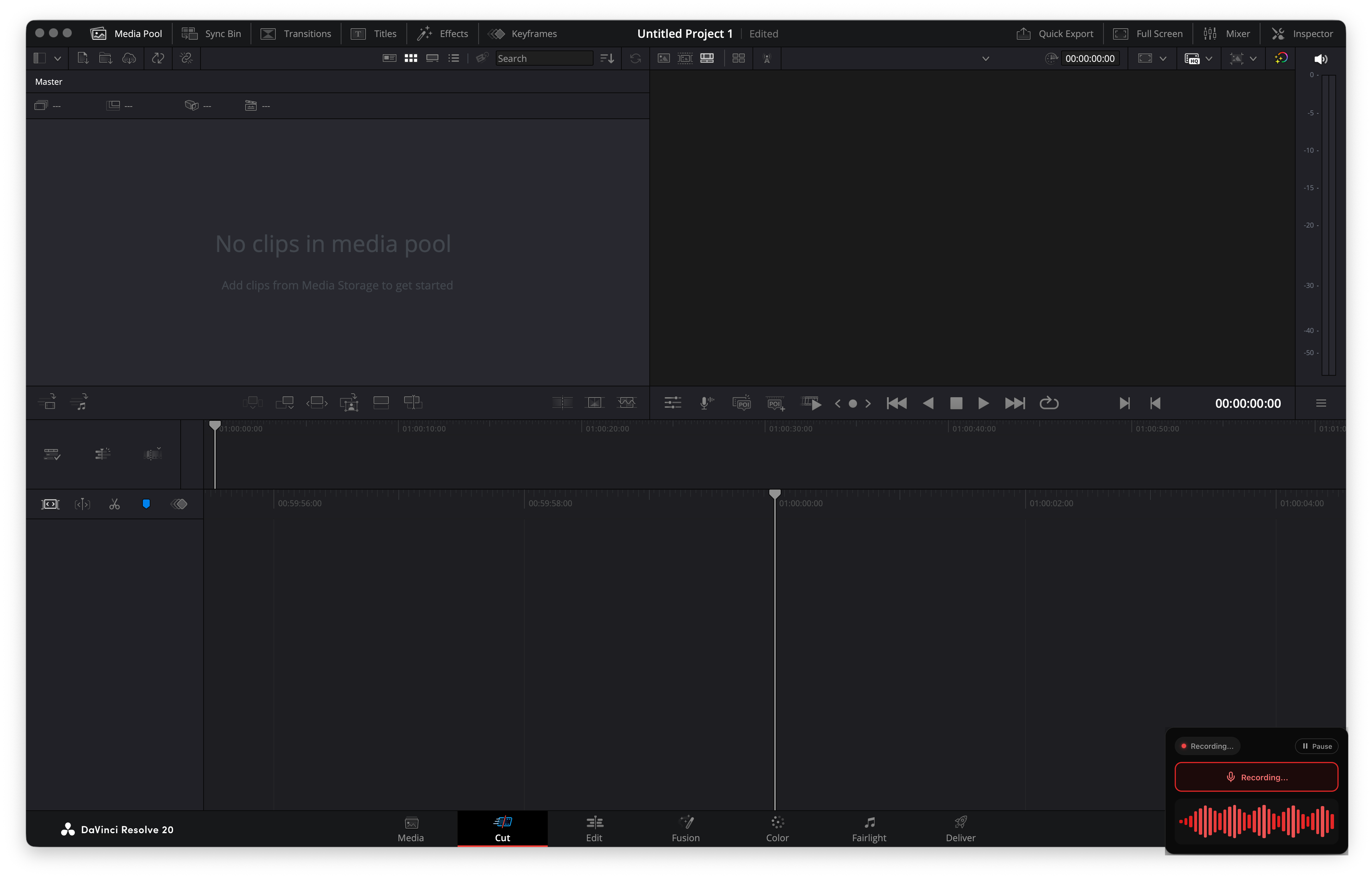 DaVinci Resolve showing the page tab bar at the bottom — Media, Cut, Edit, Fusion, Color, Fairlight, Deliver